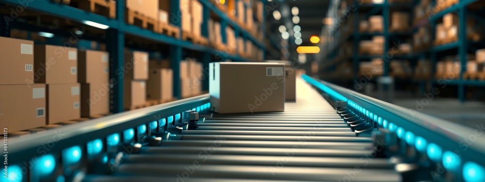 Warehouse Distribution: Stack of Cardboard Boxes Alongside Conveyor Belt in Blurred Interior Warehouse Distribution: Stack of Cardboard Boxes Alongside Conveyor Belt in Blurred Interior
