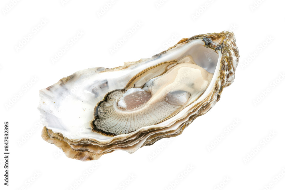 Freshly opened oyster with intricate shell details, perfect for seafood culinary presentations and natural beauty themes. Freshly opened oyster with intricate shell details, perfect for seafood culinary presentations and natural beauty themes.