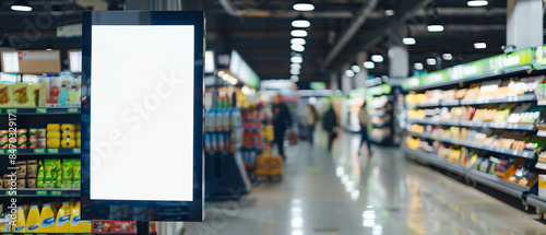 A blank white poster stand with an empty vertical screen in the middle of busy grocery store isle, blurred background, bright and airy © Nathakorn