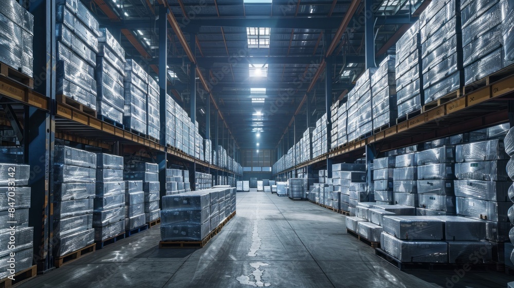 A large warehouse with many pallets of goods stacked on top of each other A large warehouse with many pallets of goods stacked on top of each other