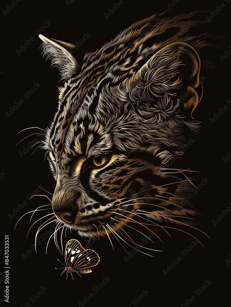 A golden ocelot with a butterfly resting below its snout is captured in a stunning close-up shot