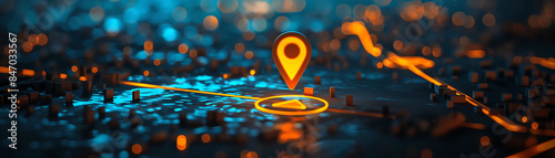 Abstract location pin on map with orange glow, symbolizing place and travel concept Glowing luminous route path in the city or town for navigation with three point perspective photo