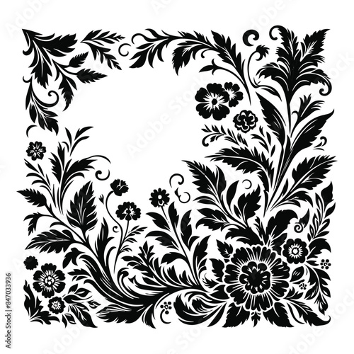 Floral corner border black silhouette vector with white color background