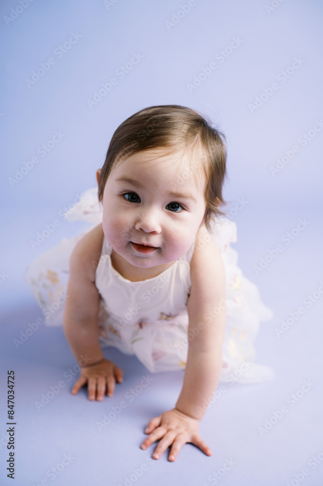 portrait of infant girl in birthday outfit portrait of infant girl in birthday outfit