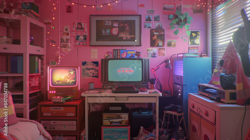living room interior Vintage 90s nostalgia with a retro gaming setup and fashion in a teenager's room