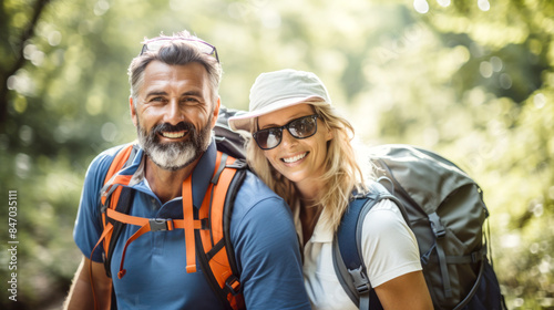 Middle aged couple walking on forest path with backpacks in summer