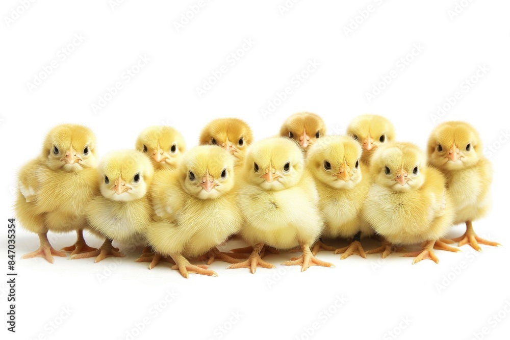 A group of baby chickens standing next to each other, suitable for use in agriculture or farm-themed contexts A group of baby chickens standing next to each other, suitable for use in agriculture or farm-themed contexts