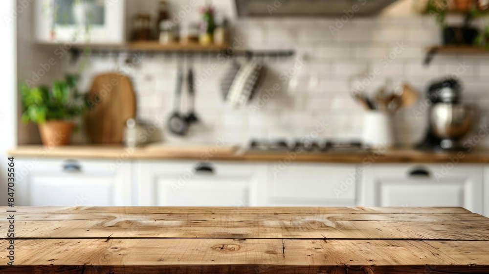 A wooden table placed in front of a kitchen counter, perfect for food preparation or mealtime A wooden table placed in front of a kitchen counter, perfect for food preparation or mealtime