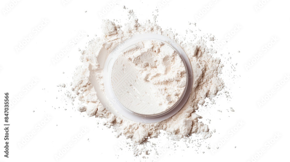 White soft puff isolated with pressed powder on a white background White soft puff isolated with pressed powder on a white background