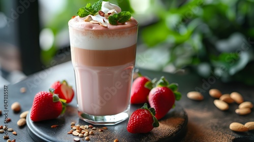 a glass of cold strawberry almon layers Latte tea topping with whipped cream and fresh strawberry on wooden table with copy space photo