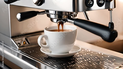 A close-up shot of a professional espresso machine pouring fresh espresso into a white ceramic cup. The rich, dark coffee contrasts beautifully with the sleek, metallic surface of the machine