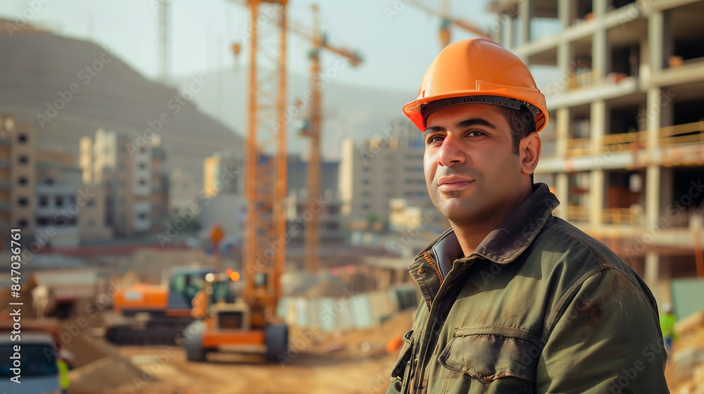 Construction worker wearing hard hat standing on construction site Construction worker wearing hard hat standing on construction site