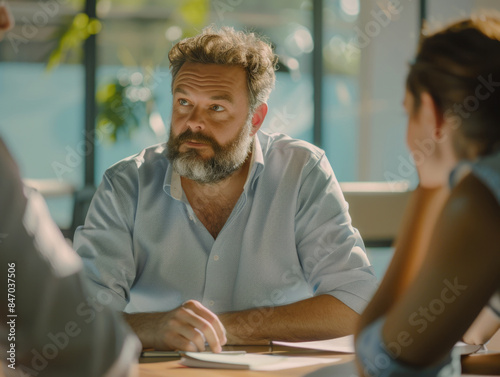 A person engaged in conversation with someone else at a table