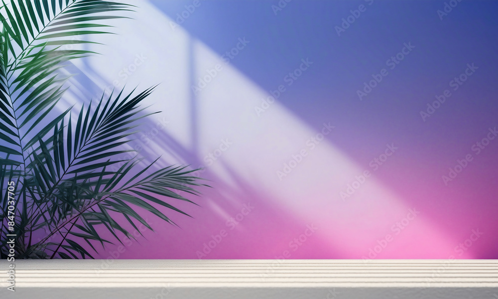 Palm leave shadow on purple wall background for product advertisment, summer, tropical travel beach, with minimal concept and summer vibes. Ai generated. Palm leave shadow on purple wall background for product advertisment, summer, tropical travel beach, with minimal concept and summer vibes. Ai generated.