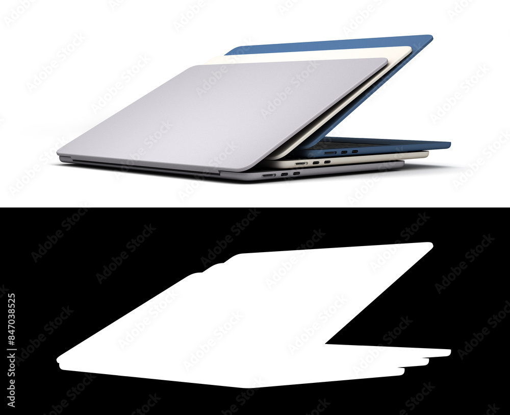 new different color open laptops presentation front view 3d render with alpha new different color open laptops presentation front view 3d render with alpha