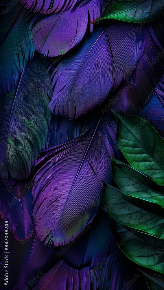 Vibrant purple and green feathers and leaves abstract wallpaper design Vibrant purple and green feathers and leaves abstract wallpaper design