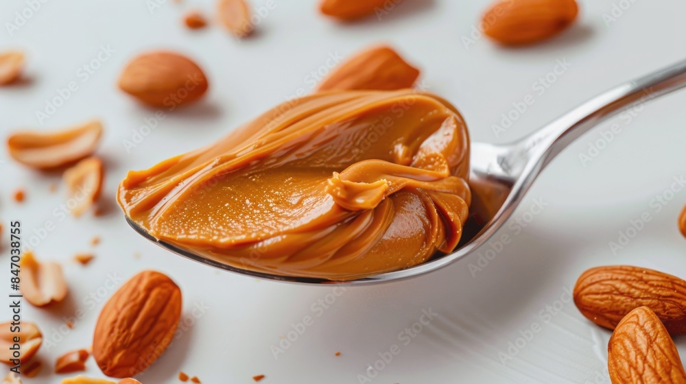 A spoonful of creamy peanut butter mixed with crunchy almonds, ready for snacking or baking A spoonful of creamy peanut butter mixed with crunchy almonds, ready for snacking or baking