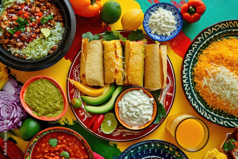 A colorful table filled with various foods and drinks A colorful table filled with various foods and drinks