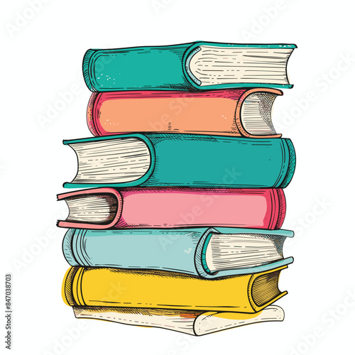 Stack colorful hardcover books, handdrawn style, illustration isolated white background. Vertical pile books, pastel colors, turquoise, pink, orange, education concept. Oldfashioned book spine photo