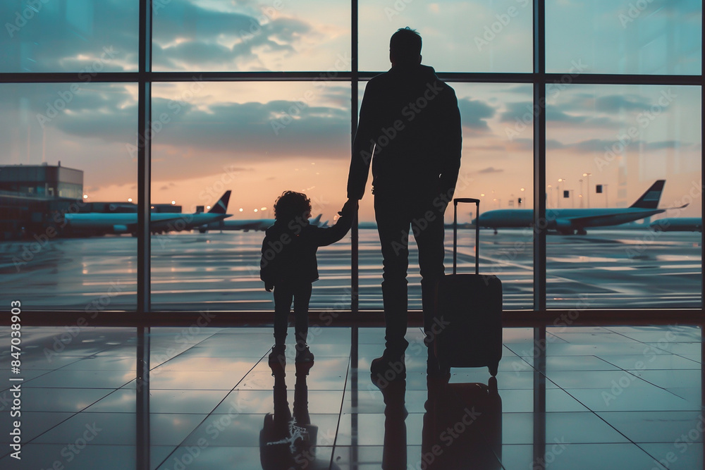 Backview of a father and son holding hands at airport while watching ...