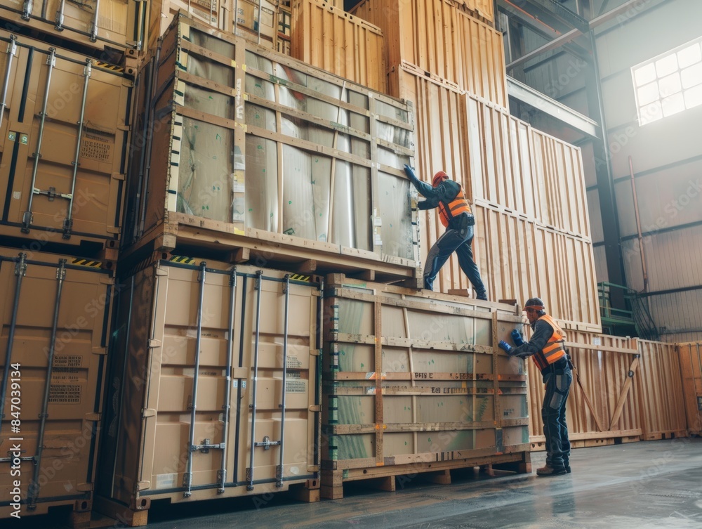Fototapeta premium Two Workers Moving Large Wooden Crates in a Warehouse Setting