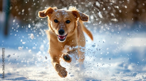 A dog running and having fun in the snow, its mouth open in excitement