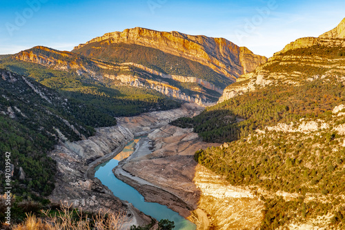 Àger, Catalunya, Spain - February 3, 2024: Canelles Reservoir in Congost de Mont-rebei during the extreme drought