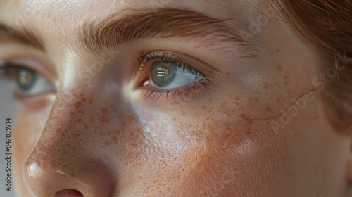 Skin care. A close-up portrait of a woman's face, showcasing her clear, supple skin and the delicate application of a natural makeup look.