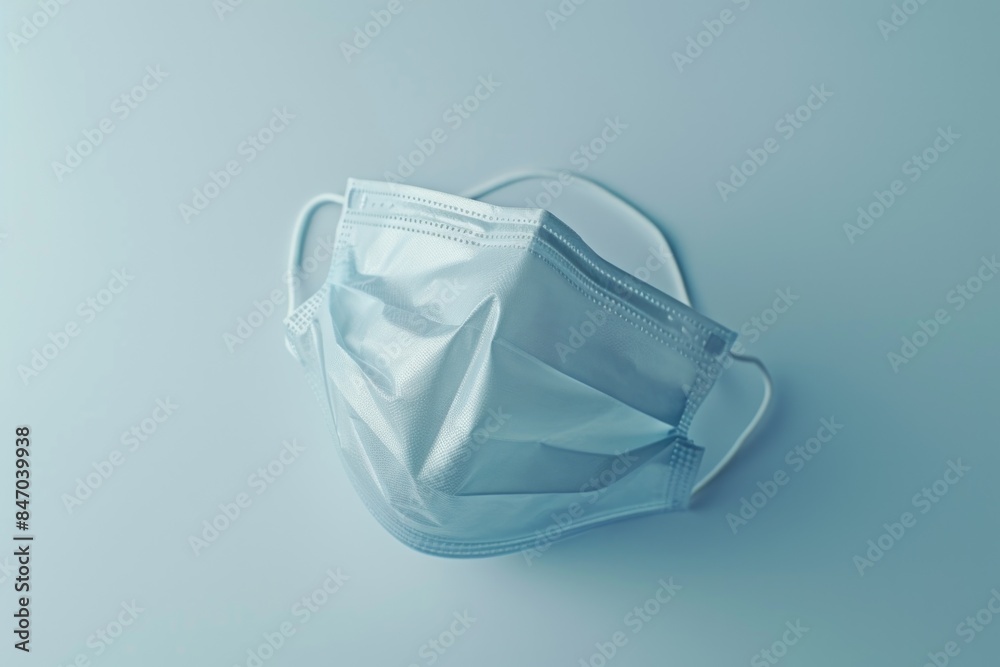 A single surgical mask lying on a blue surface A single surgical mask lying on a blue surface