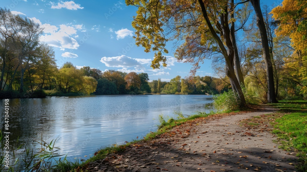 A scenic pathway alongside a calm body of water, shaded by tall trees A scenic pathway alongside a calm body of water, shaded by tall trees