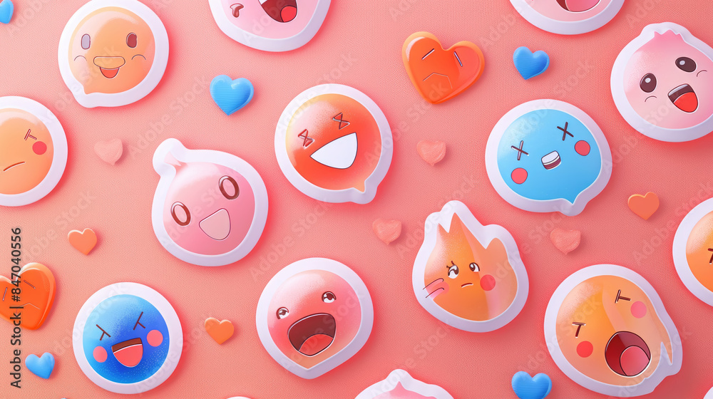A close-up view of various cartoon emojis in different colors, with hearts and a light blue background