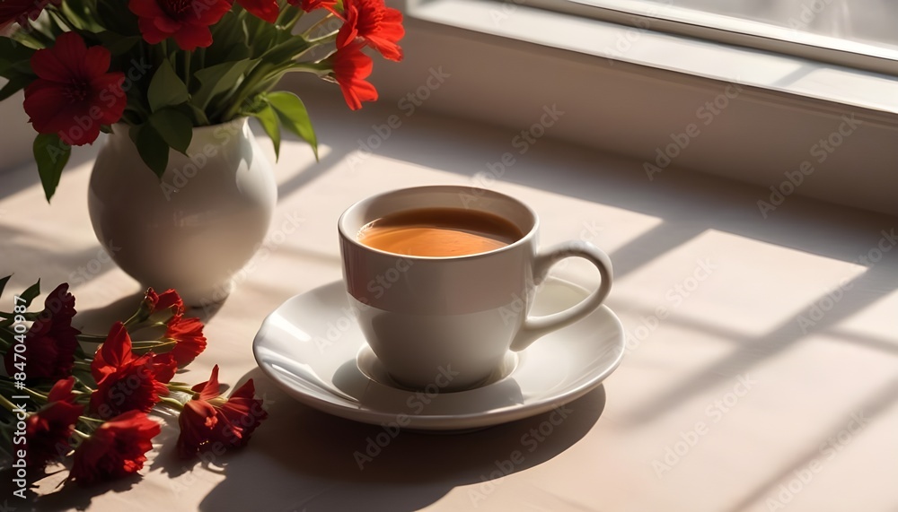 A cup of hot coffee or tea on a saucer , with a vase of red flowers in the background and sunlight streaming through a window A cup of hot coffee or tea on a saucer , with a vase of red flowers in the background and sunlight streaming through a window