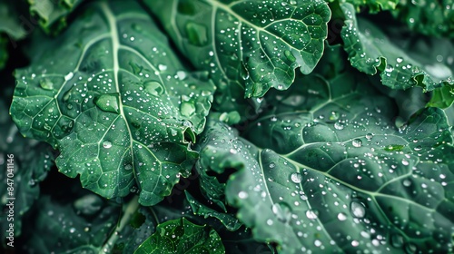 A detailed macro shot of dew-covered kale leaves, highlighting the freshness and texture of the vegetable