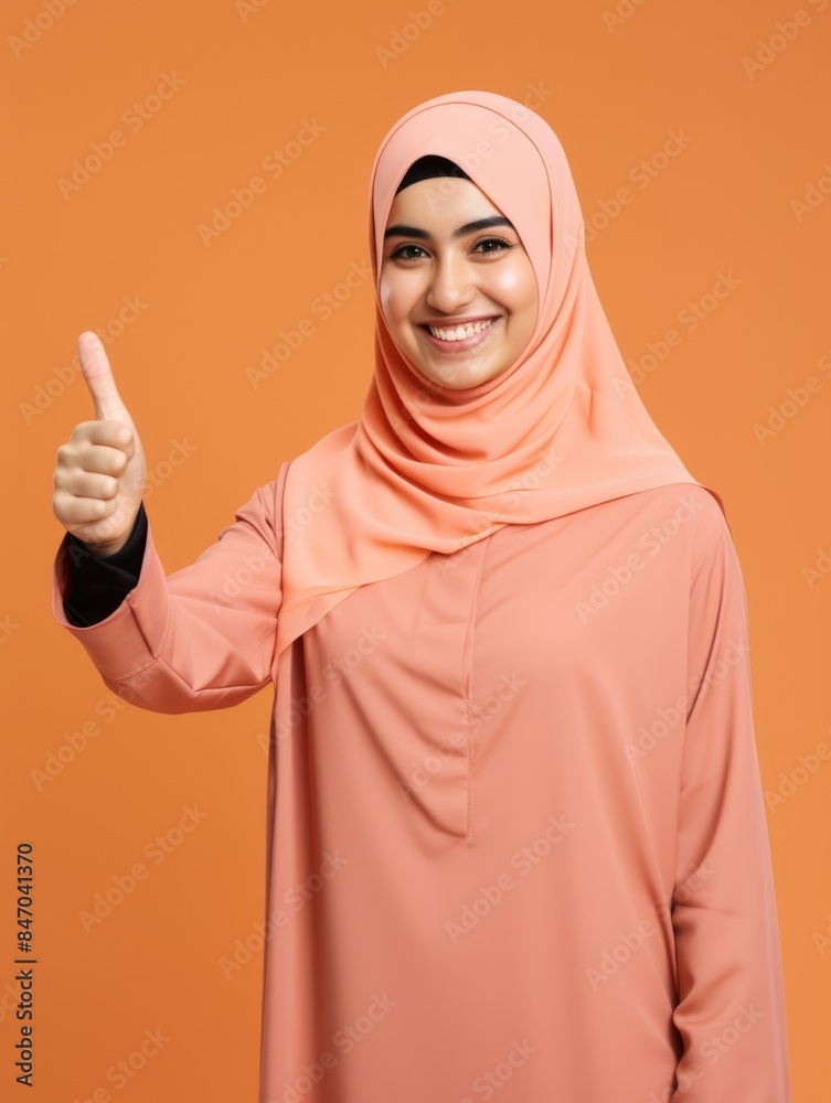 A young woman wearing a hijab gives a positive thumbs up, conveying confidence and approval A young woman wearing a hijab gives a positive thumbs up, conveying confidence and approval