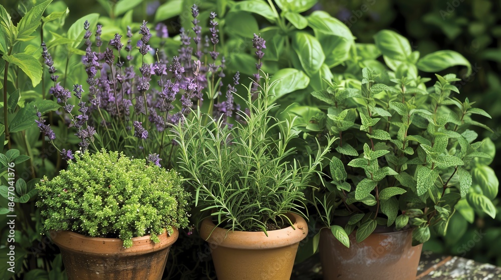 A vibrant outdoor setting with a herb garden featuring rosemary, basil, mint, and thyme, each plant lush and aromatic A vibrant outdoor setting with a herb garden featuring rosemary, basil, mint, and thyme, each plant lush and aromatic