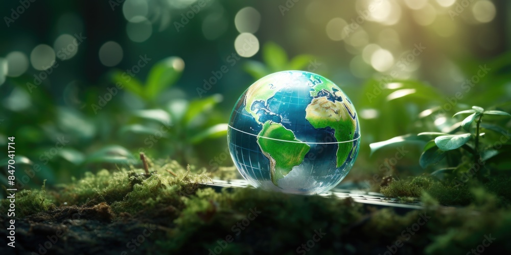 A small globe sits atop a vibrant green field, perfect for illustration or photography purposes A small globe sits atop a vibrant green field, perfect for illustration or photography purposes