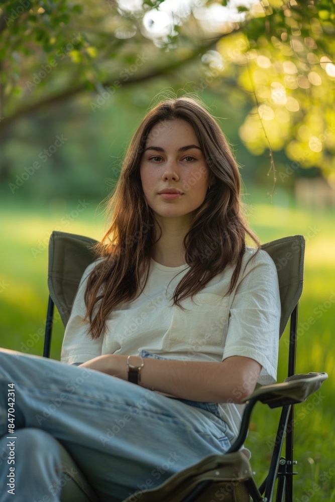 A woman sits in a chair surrounded by green grass, possibly in a park or backyard A woman sits in a chair surrounded by green grass, possibly in a park or backyard