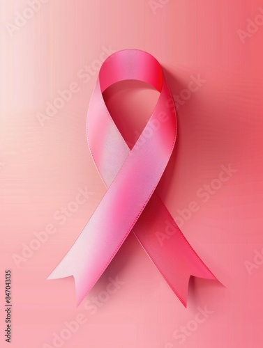 A bright pink ribbon is placed on a solid pink background, simple and bold