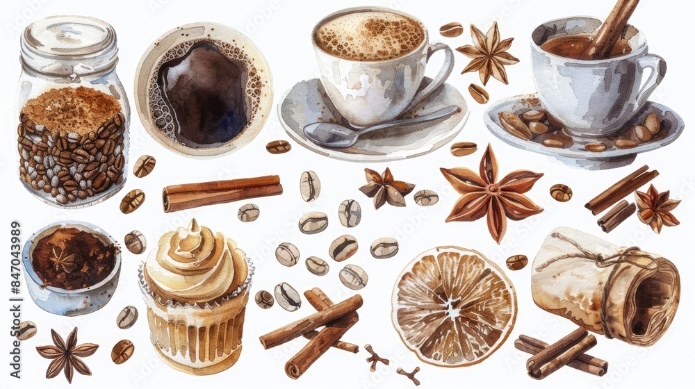 Coffee Spice Watercolor Set with Cinnamon Tea Anise Grains and Sugar for Cafe Shop Baked Goods and Drinks on White Background Coffee Spice Watercolor Set with Cinnamon Tea Anise Grains and Sugar for Cafe Shop Baked Goods and Drinks on White Background