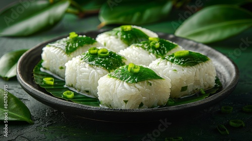 Traditional dragon boat festival zongzi on green table, close up with copy space, duanwu concept photo