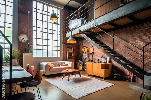 Modern loft apartment with large windows, cozy living area, and industrial decor