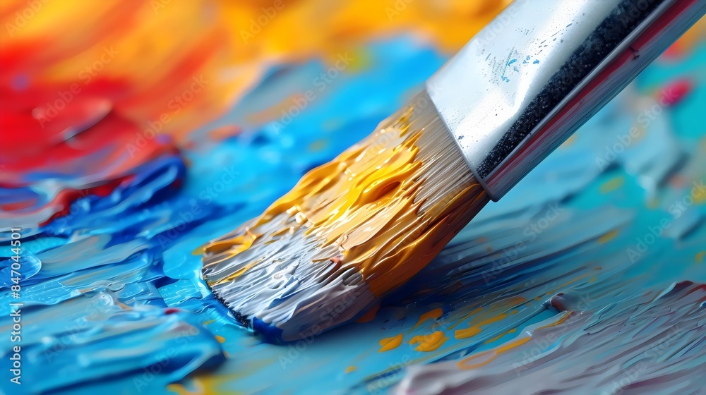 A paintbrush is dipped into a blue, yellow, and red paint A paintbrush is dipped into a blue, yellow, and red paint