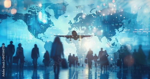 A silhouette of travelers walking away from the camera against a backdrop of a world map with a plane flying overhead