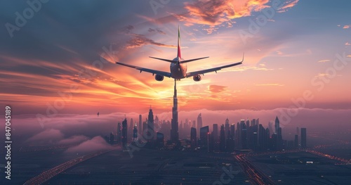 An airplane flies over Dubai, with the city skyline visible below. The sky is a beautiful sunset orange, with clouds that appear to be glowing