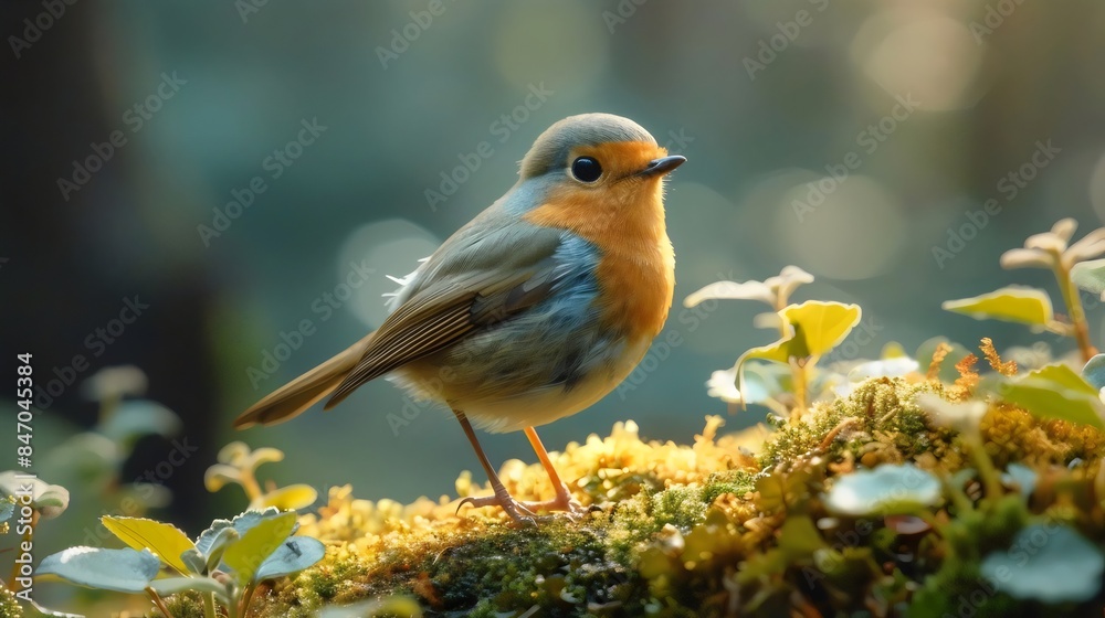 A small bird is perched on a mossy rock A small bird is perched on a mossy rock