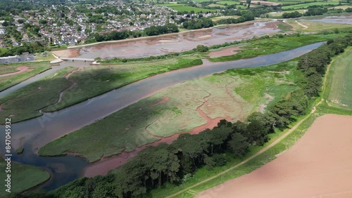 Budleigh Salterton, Devon, England: DRONE VIEWS: Ploughed farmland, the River Otter estuary and Budleigh Salterton in the b/g. The Jurassic Coast is a popular English holiday destination. photo