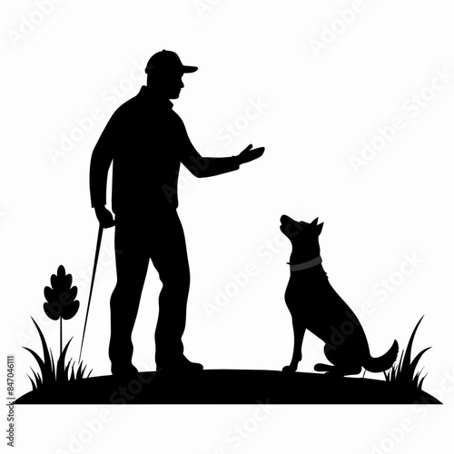 Expert Dog Trainer Guiding Dog on Field - Vector Silhouette