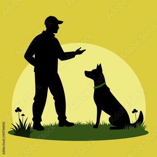 Expert Dog Trainer Guiding Dog on Field - Vector Silhouette