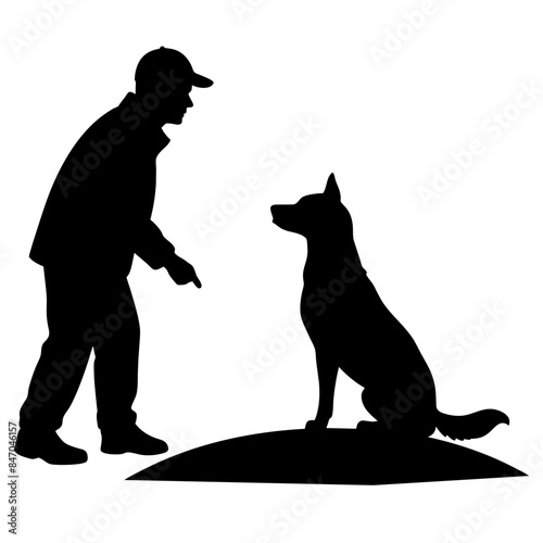 Expert Dog Trainer Guiding Dog on Field - Vector Silhouette