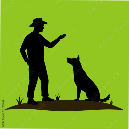 Expert Dog Trainer Guiding Dog on Field - Vector Silhouette